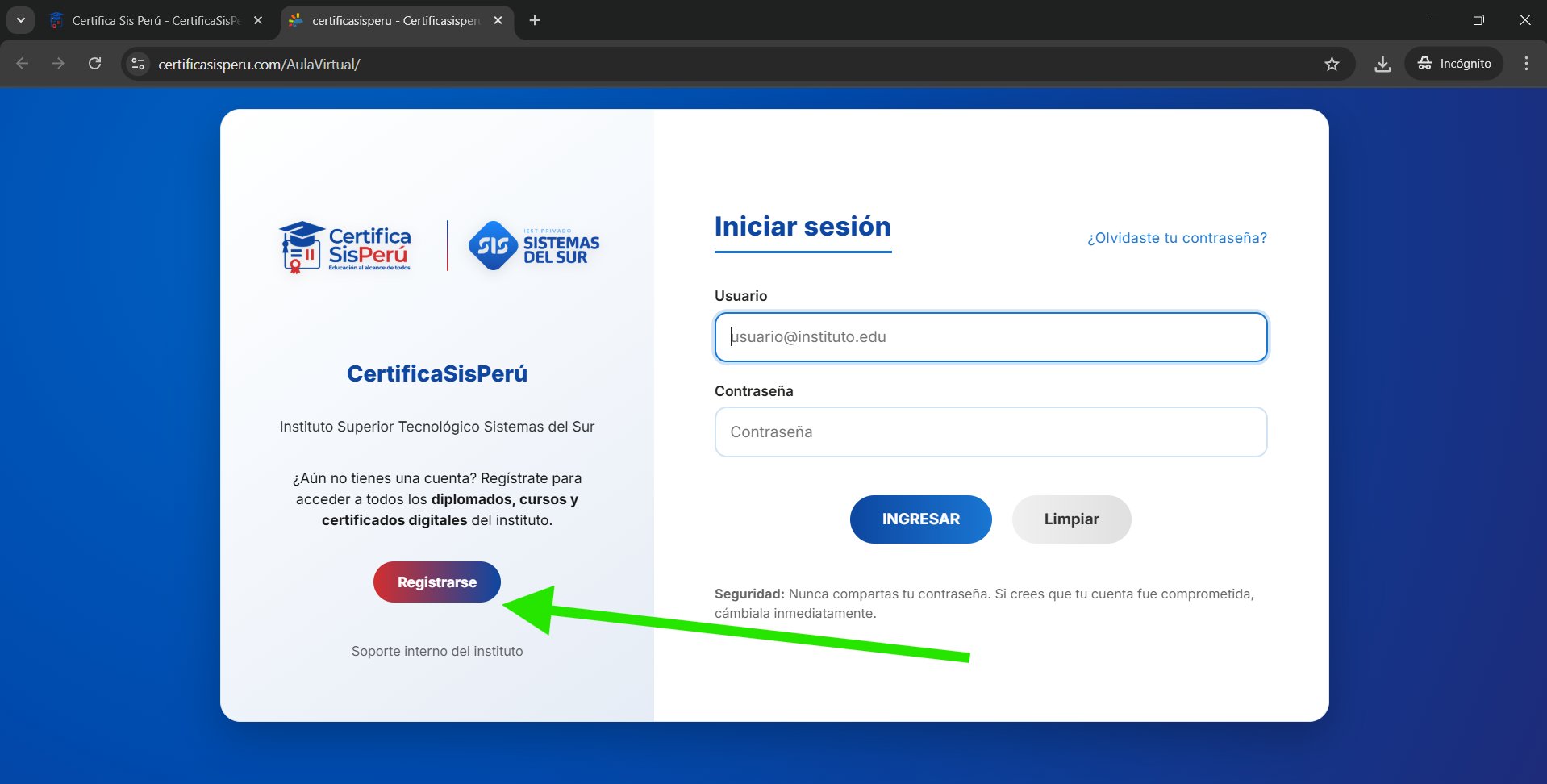 Botón registrarse en la plataforma