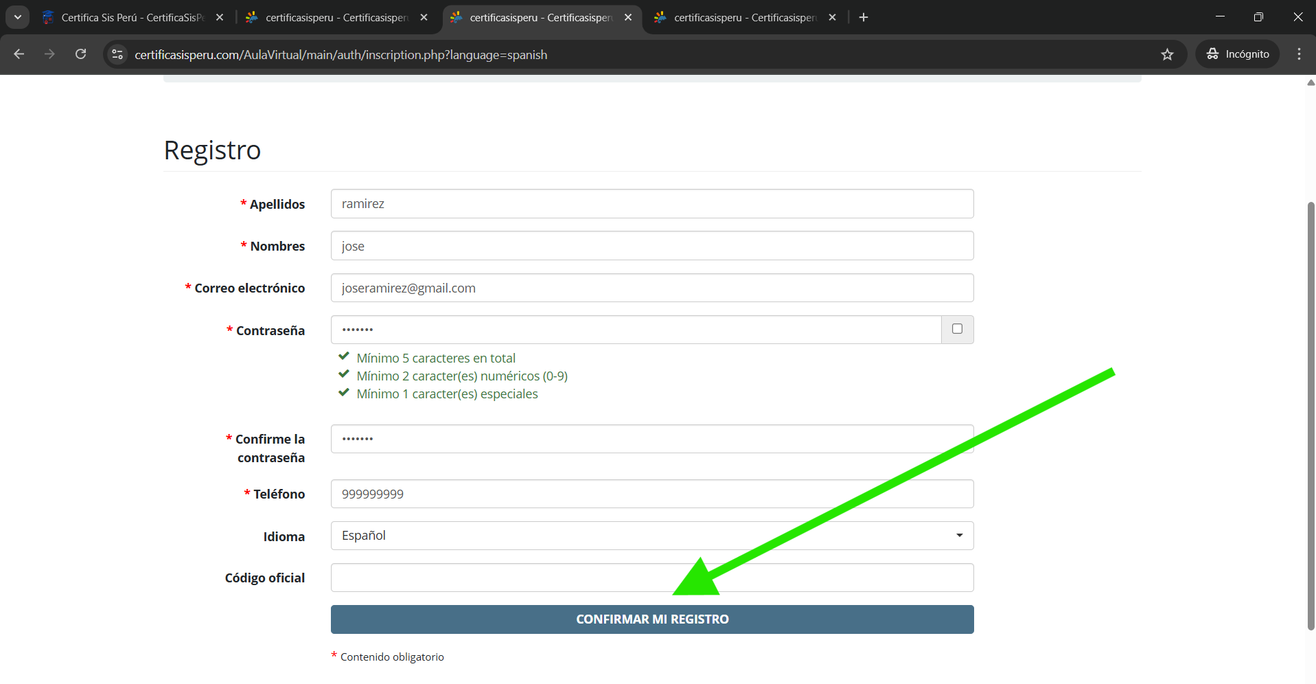 Formulario de registro Chamilo